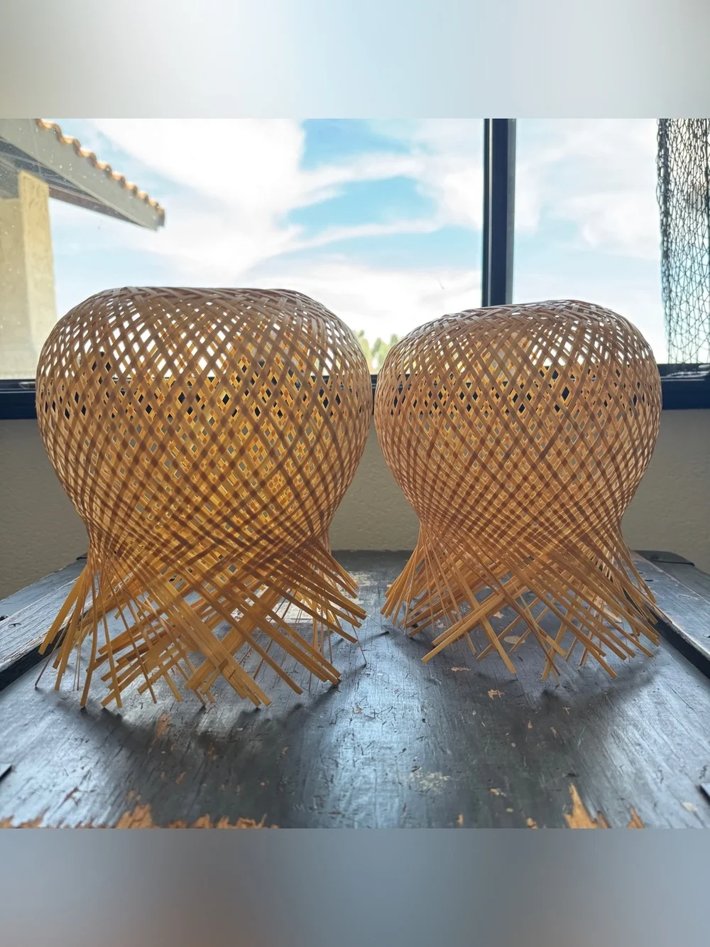 Set of 2 New Handwoven Bamboo Basket Pendant Lampshades